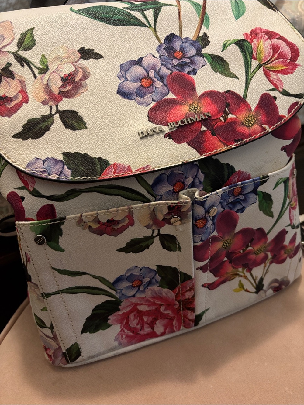 Dana Buchman White Floral Print Backpack with Multicolor Blooms